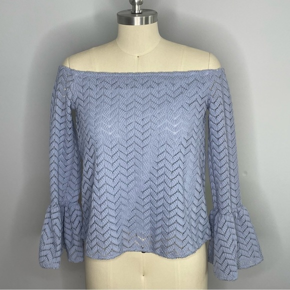 English Factory Off the Shoulder Lace Bell Sleeve Top- Light Blue- Size Small - Picture 1 of 6